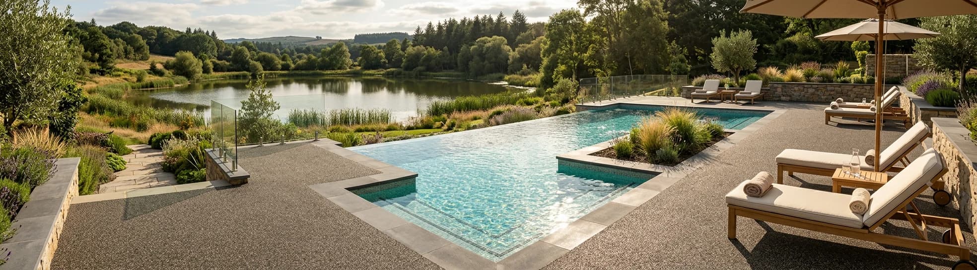 Softroc rubber pool deck overlooking countryside lake